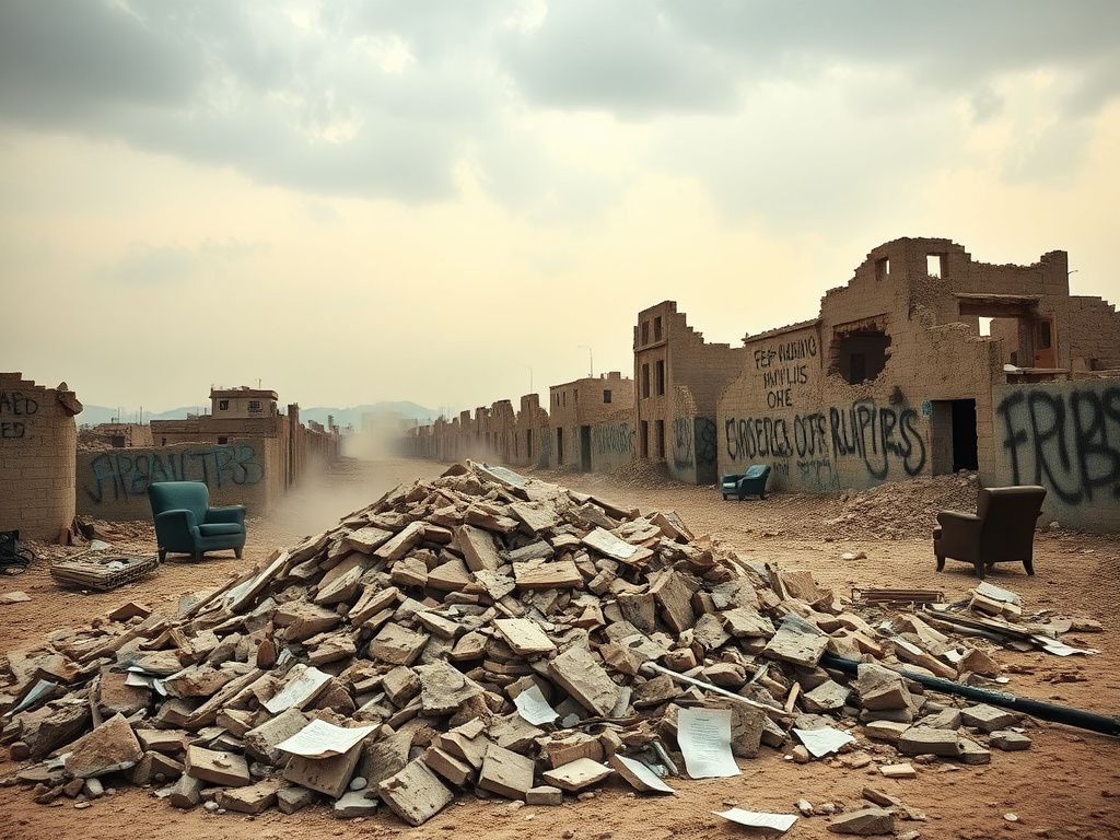 Flick International Desolate urban landscape showing remnants of demolished structures symbolizing ongoing conflict