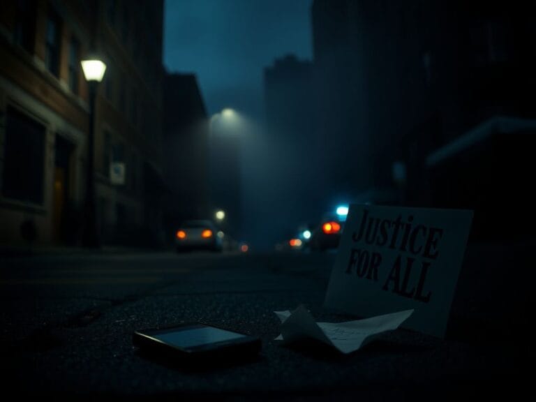 Flick International Dimly lit street in Minneapolis depicting a moment of crisis with an abandoned phone and crumpled paper