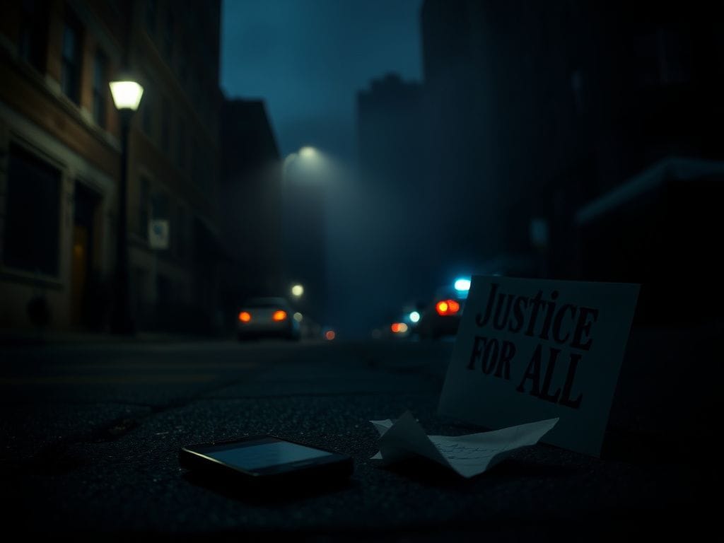 Flick International Dimly lit street in Minneapolis depicting a moment of crisis with an abandoned phone and crumpled paper