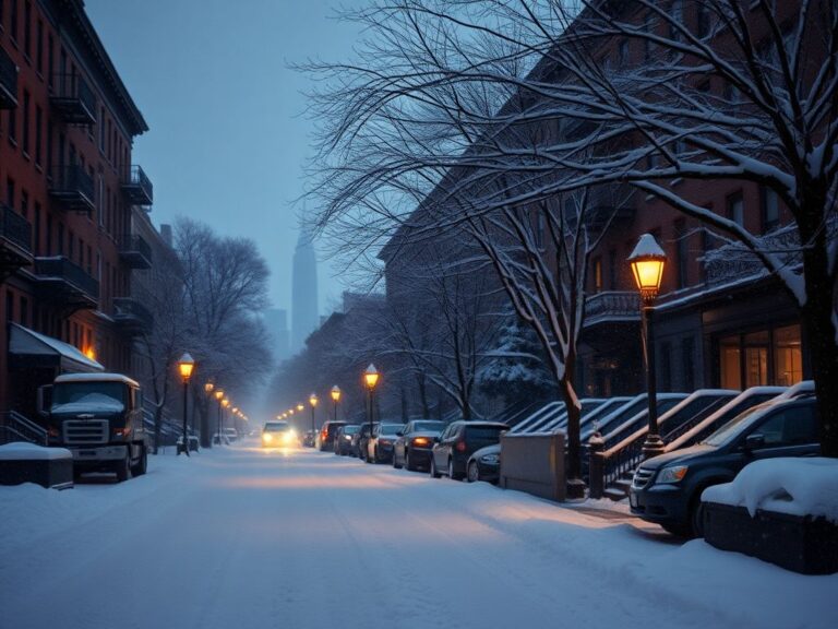Flick International Winter scene in New York City during a heavy snowstorm with snow-covered brownstone buildings
