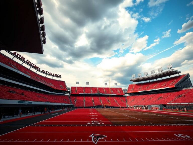 Flick International Dynamic scene of Atlanta Falcons stadium on game day with empty field and social media elements symbolizing fan debates