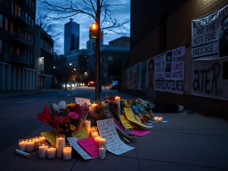 Flick International Somber urban scene in Minneapolis with a makeshift memorial for protest and mourning