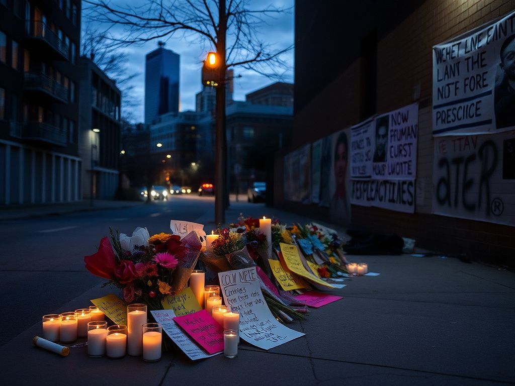 Flick International Somber urban scene in Minneapolis with a makeshift memorial for protest and mourning