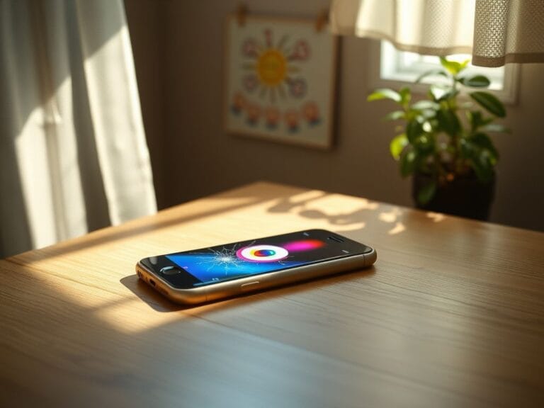 Flick International A solitary smartphone on a wooden table, illuminated by natural light, depicting a vibrant social media app icon with a cracked screen.