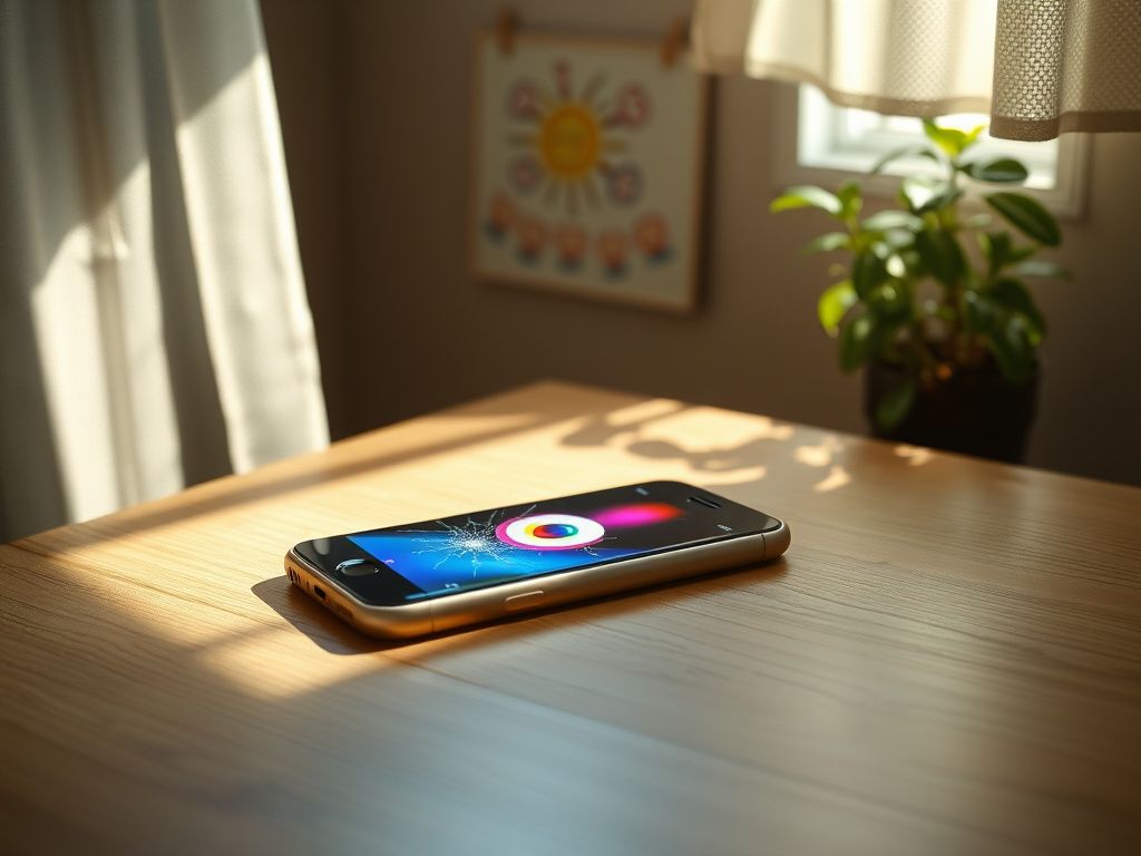 Flick International A solitary smartphone on a wooden table, illuminated by natural light, depicting a vibrant social media app icon with a cracked screen.