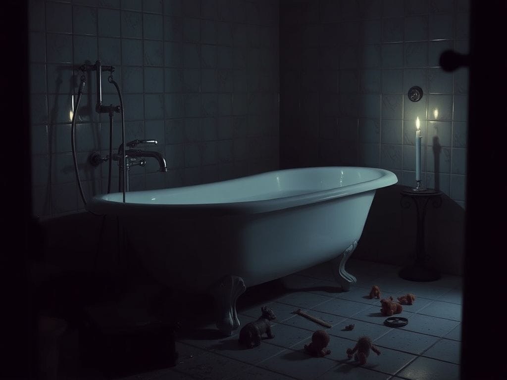 Flick International A dimly lit bathroom scene with a vintage claw-foot bathtub filled with still water, symbolizing loss and tragedy.