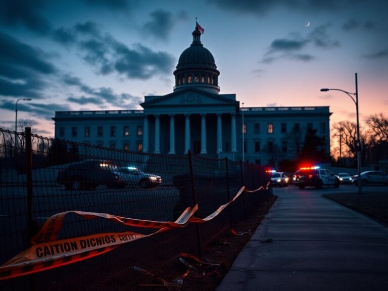 Flick International Stark scene of a government building symbolizing the Department of Homeland Security at twilight with a broken fence and flashing border patrol vehicles.