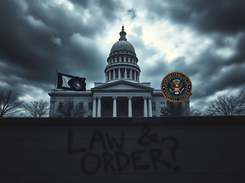 Flick International Exterior of the Minnesota state capitol building under a cloudy sky with contrasting state and federal symbols