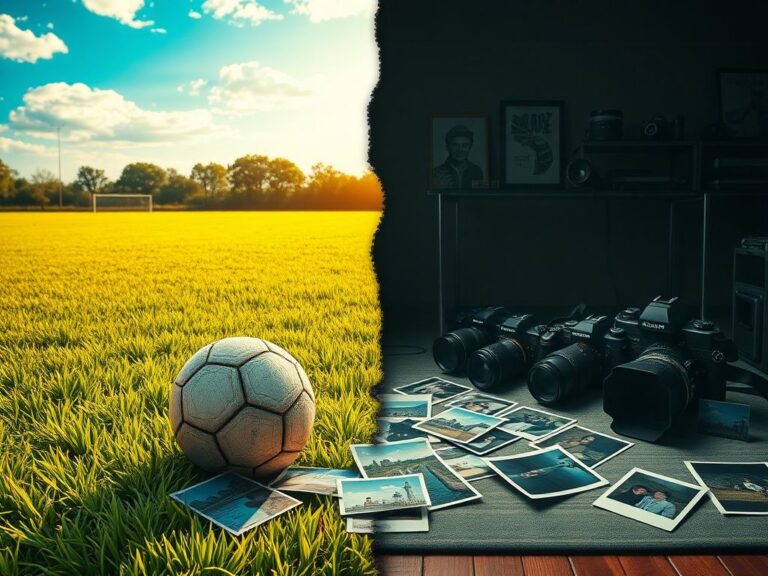 Flick International A split landscape symbolizing Brooklyn Beckham's family journey, with a soccer field and photography studio