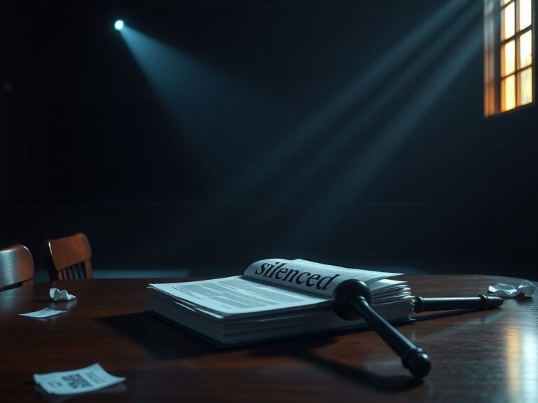 Flick International A dimly lit courtroom with an empty witness stand and illuminated legal documents symbolizing isolation and silence.