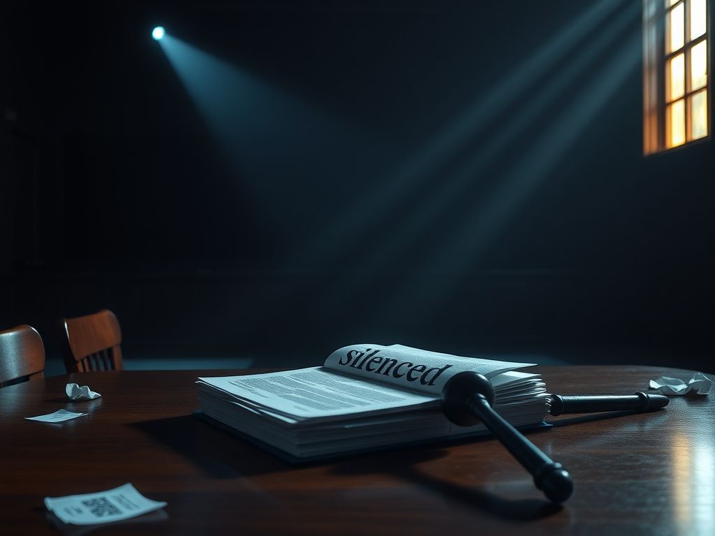 Flick International A dimly lit courtroom with an empty witness stand and illuminated legal documents symbolizing isolation and silence.