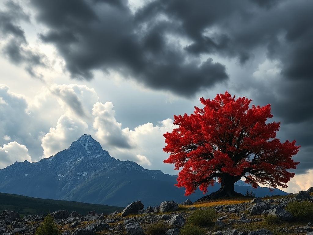 Flick International Rugged Canadian landscape featuring a strong maple tree in the foreground with a turbulent sky illustrating trade tensions.