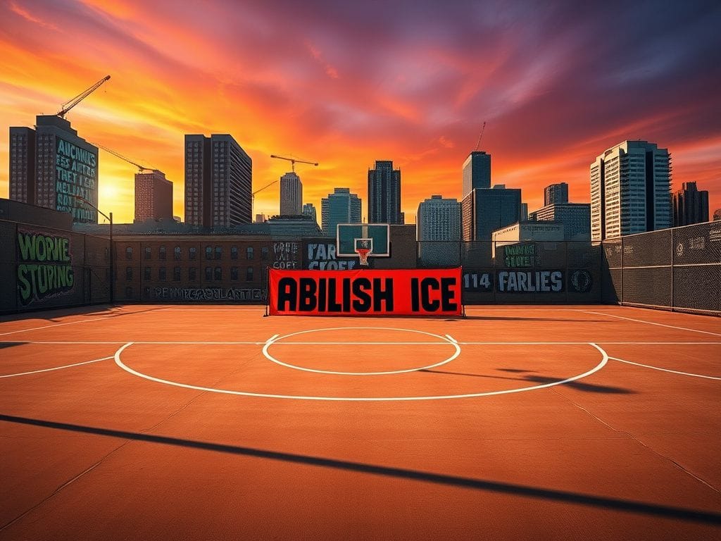 Flick International A powerful image of an empty basketball court with an 'Abolish ICE' sign, symbolizing activism.