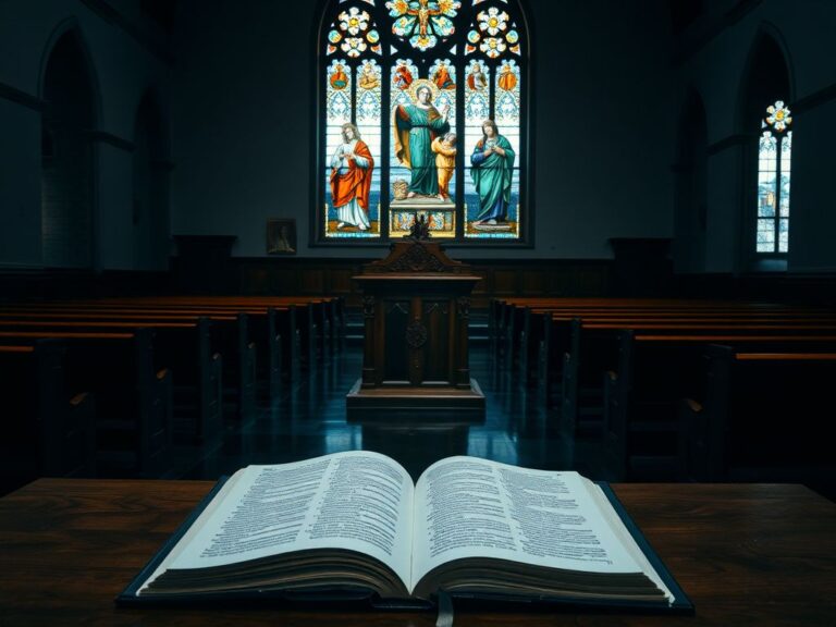 Flick International Somber church interior with wooden pulpit and open Bible