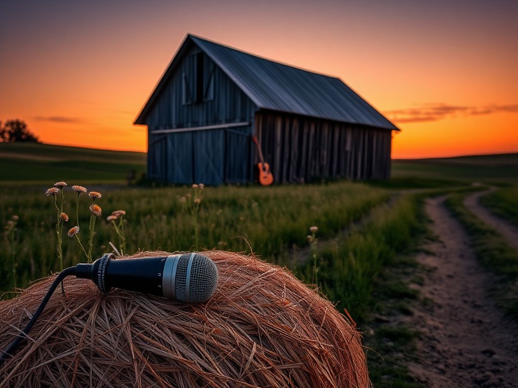 Flick International A rustic farm landscape at twilight with a weathered barn and wildflowers, symbolizing creativity and missed opportunities in Carrie Underwood's music journey.