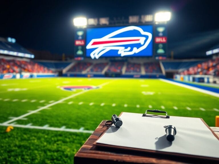 Flick International A football stadium under bright lights with a coach's clipboard on a bench