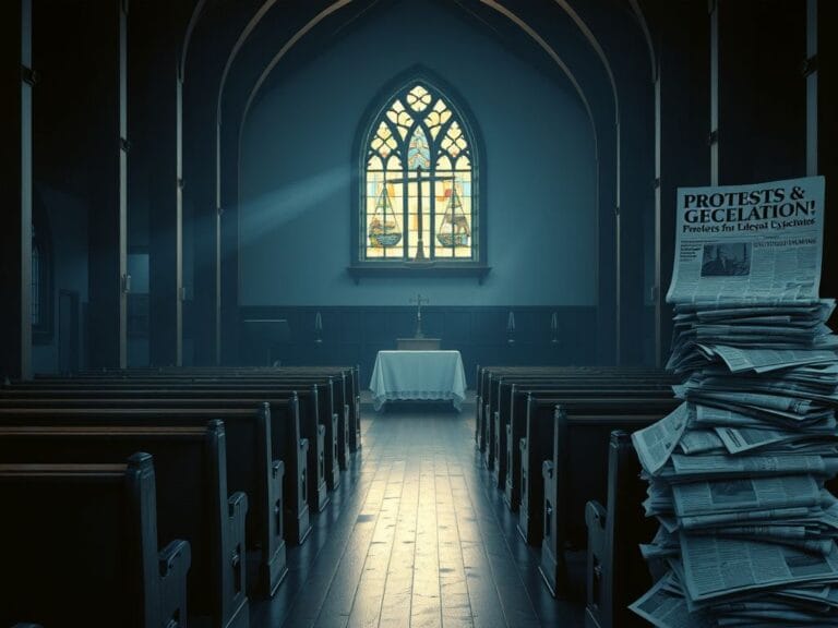 Flick International Dimly lit church interior with empty pews and stained glass windows