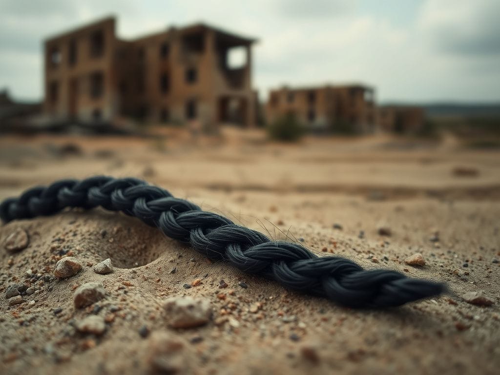 Flick International Close-up of a severed dark braid lying on sandy ground, symbolizing loss in conflict