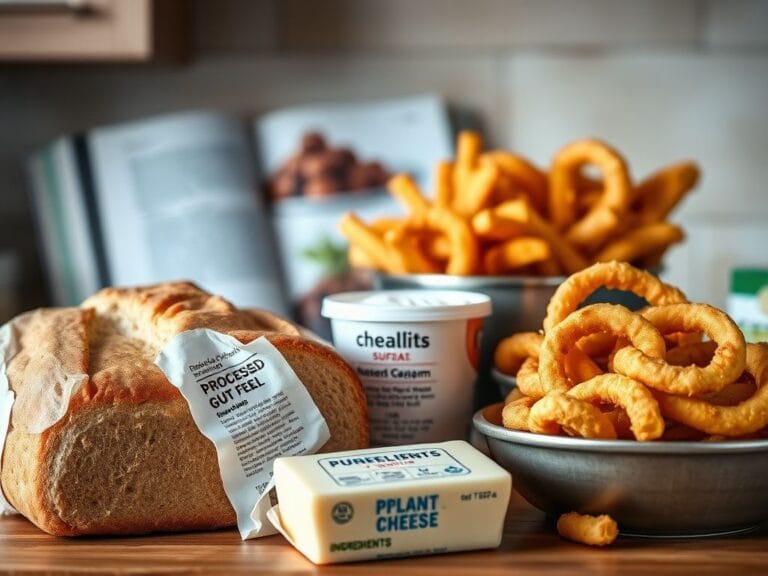 Flick International A kitchen countertop scene with unhealthy foods impacting gut health, including packaged bread, fried foods, ice cream, and plant-based cheese.