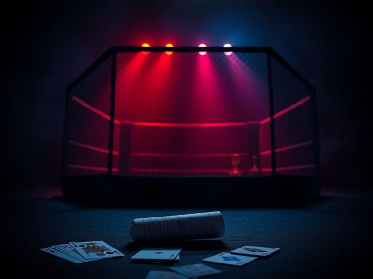 Flick International Abstract representation of an MMA octagonal cage with red and blue lighting symbolizing tension and conflict