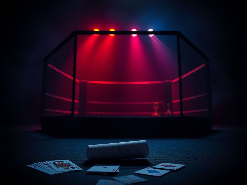 Flick International Abstract representation of an MMA octagonal cage with red and blue lighting symbolizing tension and conflict