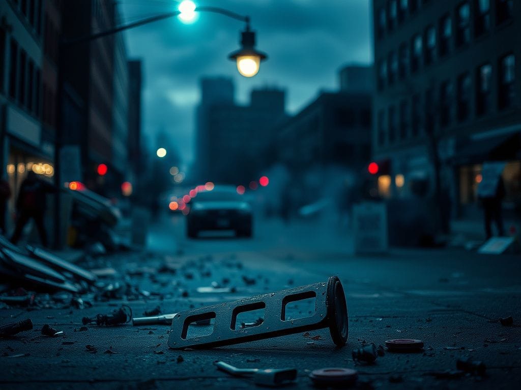 Flick International Urban street scene in Minneapolis at dusk showing debris from protests