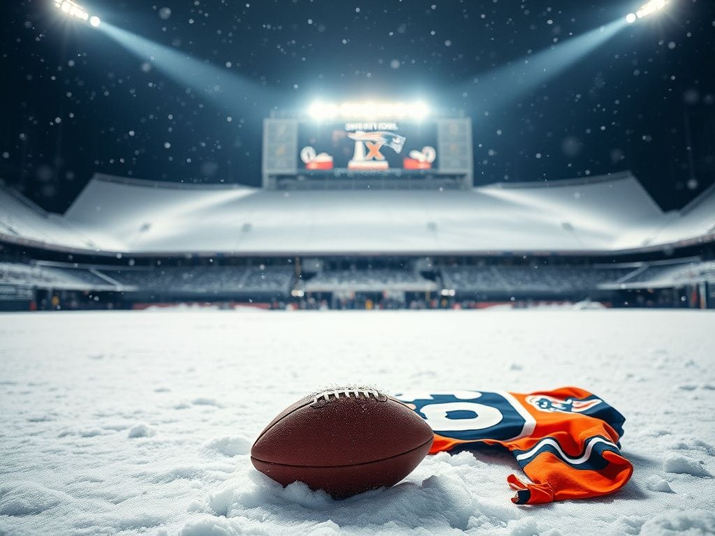 Flick International Dramatic winter scene at Empower Field with Patriots and Broncos symbolism