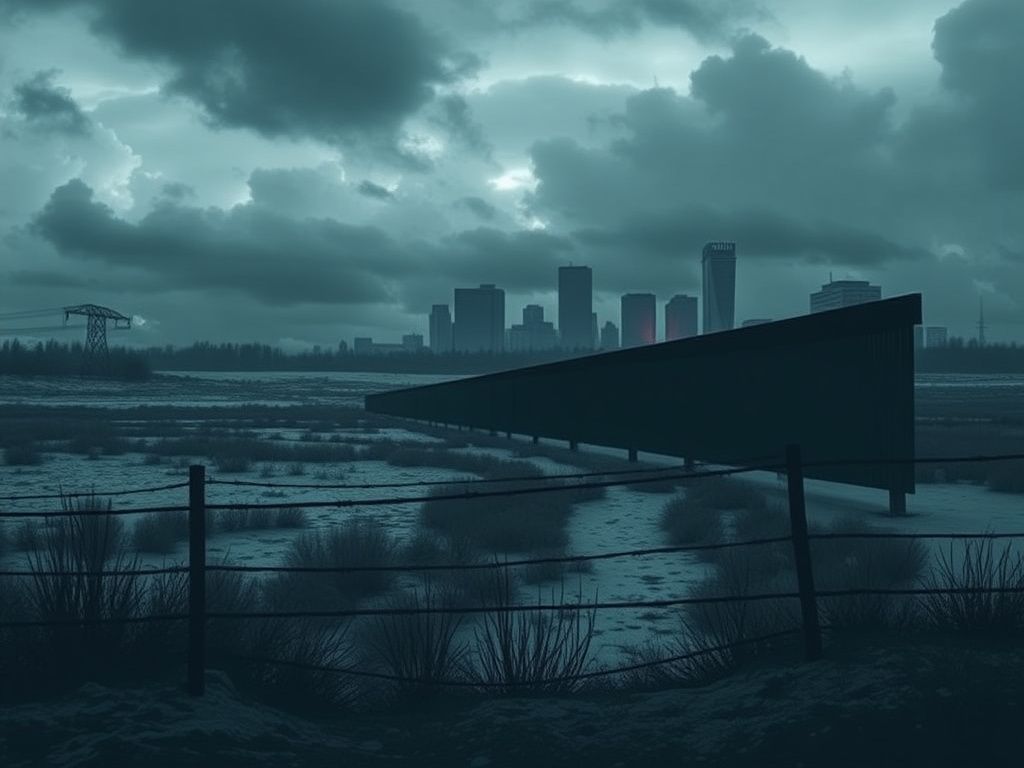 Flick International Abstract representation of a U.S. border wall against a snowy Minnesota landscape