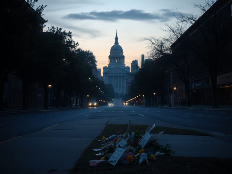Flick International A quiet, somber urban street in Minneapolis at dawn, featuring a neighborhood memorial with handmade signs and flowers.