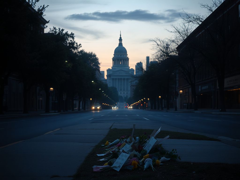 Flick International A quiet, somber urban street in Minneapolis at dawn, featuring a neighborhood memorial with handmade signs and flowers.