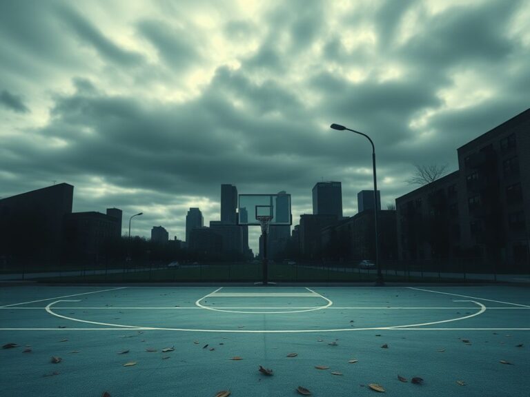 Flick International A vacant basketball court in Minneapolis under a gray sky symbolizing community loss