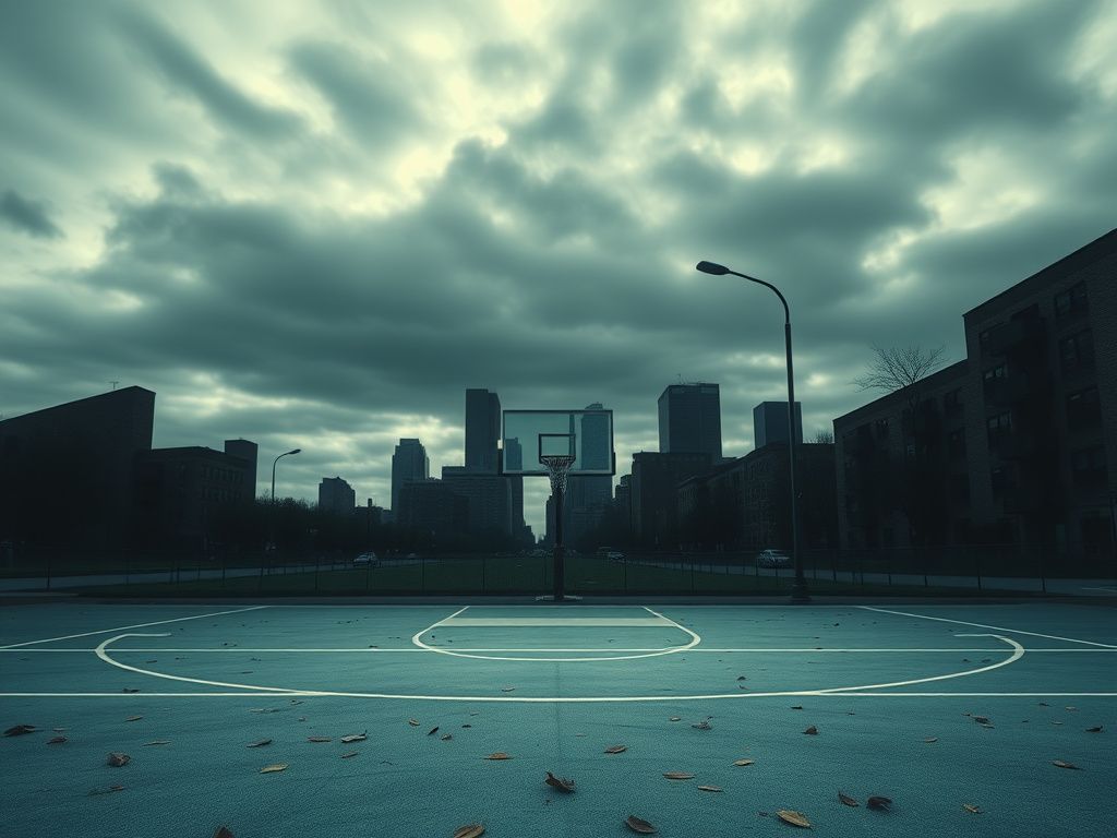 Flick International A vacant basketball court in Minneapolis under a gray sky symbolizing community loss