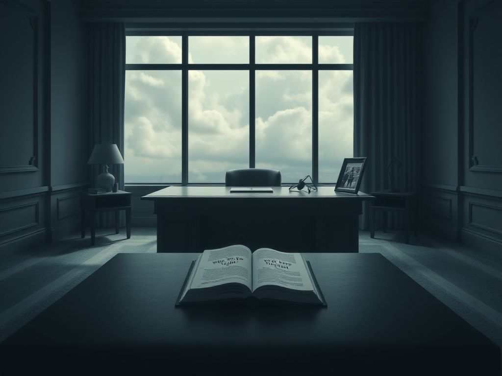 Flick International Empty office space featuring an imposing desk and closed book titled 'Where We Keep the Light'