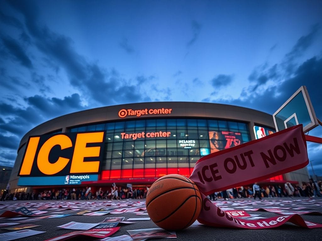 Flick International Exterior view of the Target Center showcasing anti-ICE protest signs