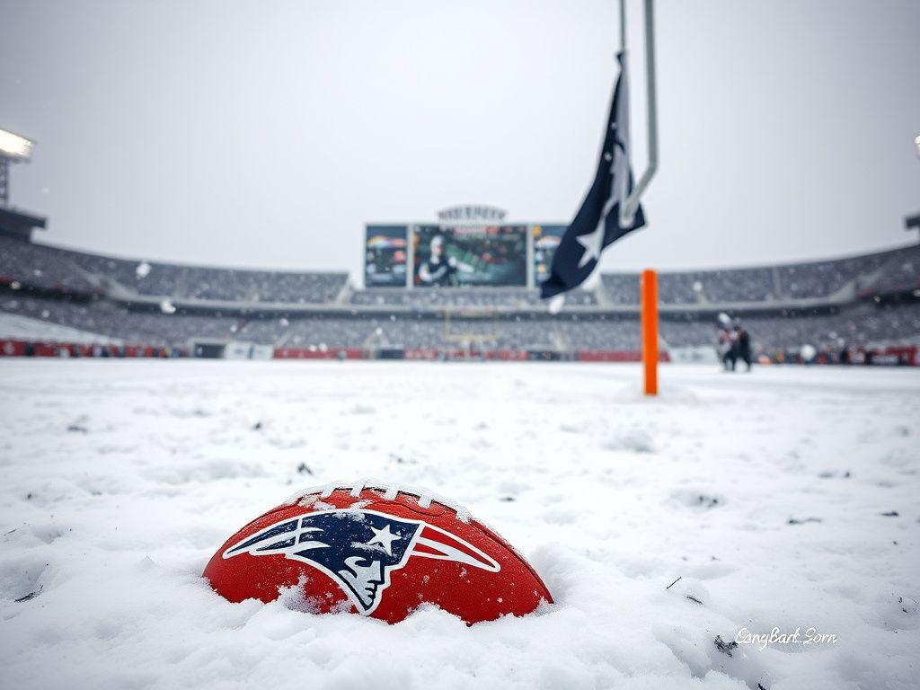 Flick International Snow-covered football field with an orange and blue football partially buried in snow, symbolizing Drake Maye's controversial play