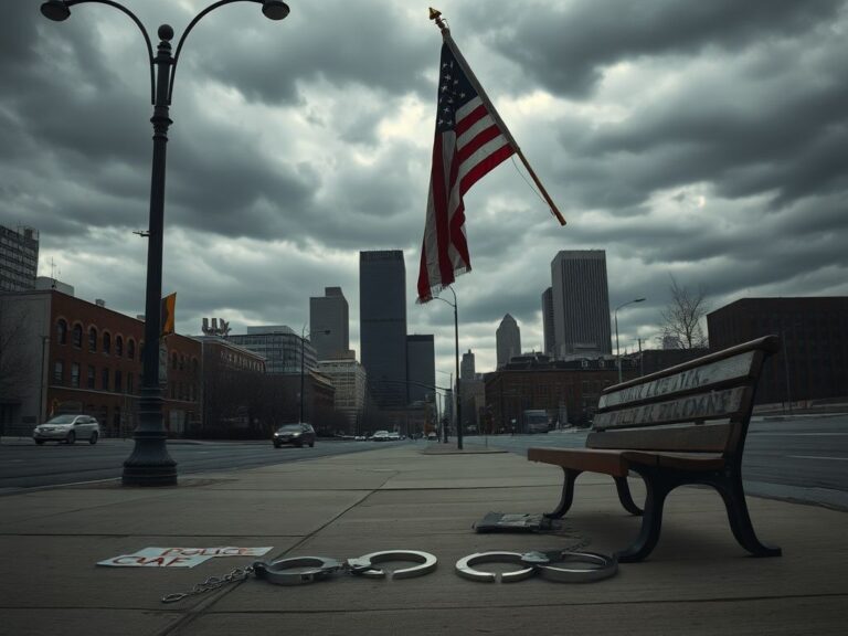 Flick International Urban scene in Minneapolis with empty sidewalks and a tattered American flag