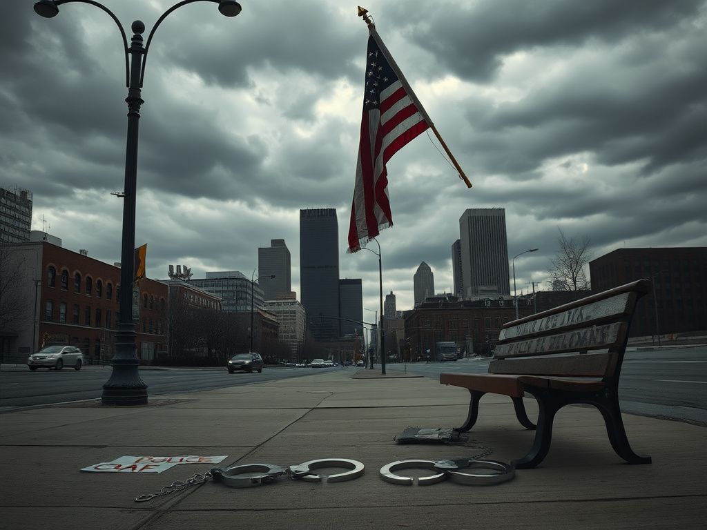 Flick International Urban scene in Minneapolis with empty sidewalks and a tattered American flag