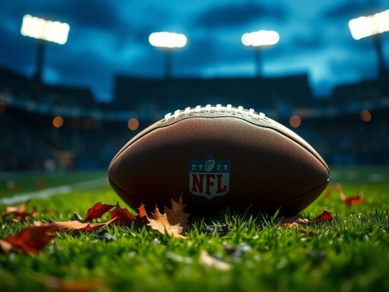 Flick International Close-up of an American football on a vibrant green field with scattered leaves.