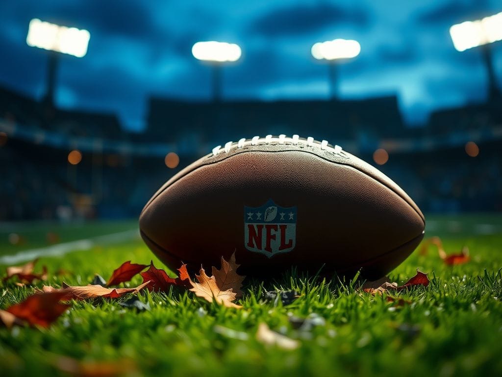 Flick International Close-up of an American football on a vibrant green field with scattered leaves.