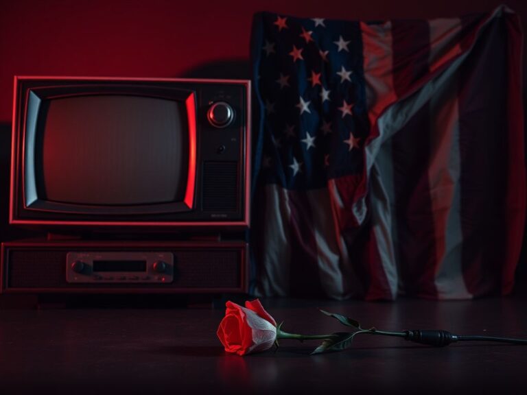 Flick International Vintage television set displaying static beside a tattered American flag, symbolizing controversy in art and politics.