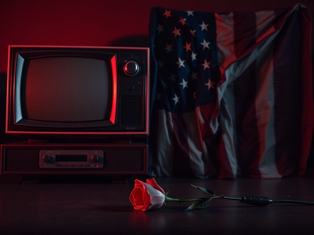 Flick International Vintage television set displaying static beside a tattered American flag, symbolizing controversy in art and politics.