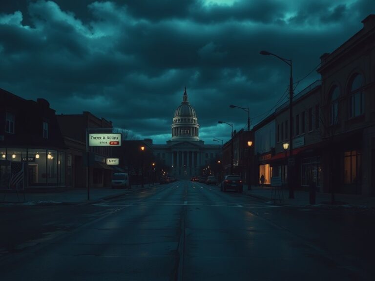 Flick International A deserted Minnesota street at dusk reflecting unrest and tension.
