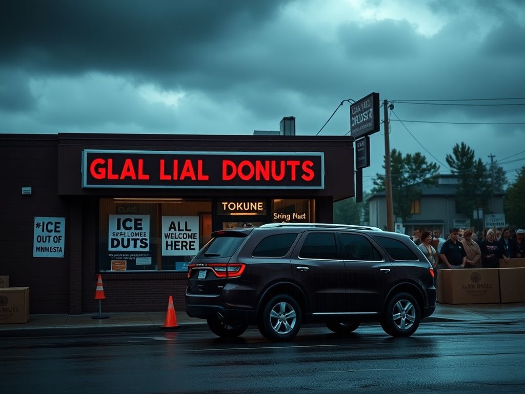 Flick International Exterior of Glam Doll Donuts in Minneapolis with protest signs against ICE