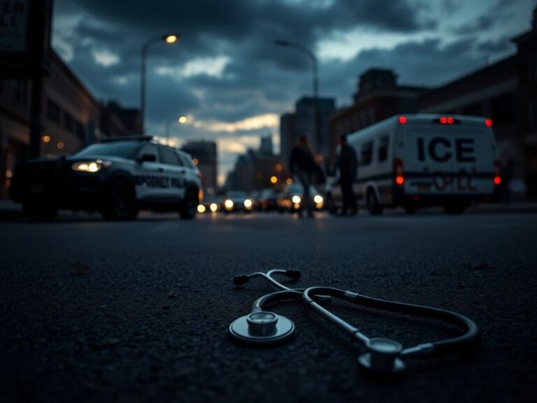 Flick International A somber Minneapolis street scene at dusk with an abandoned medical badge and stethoscope on the pavement.