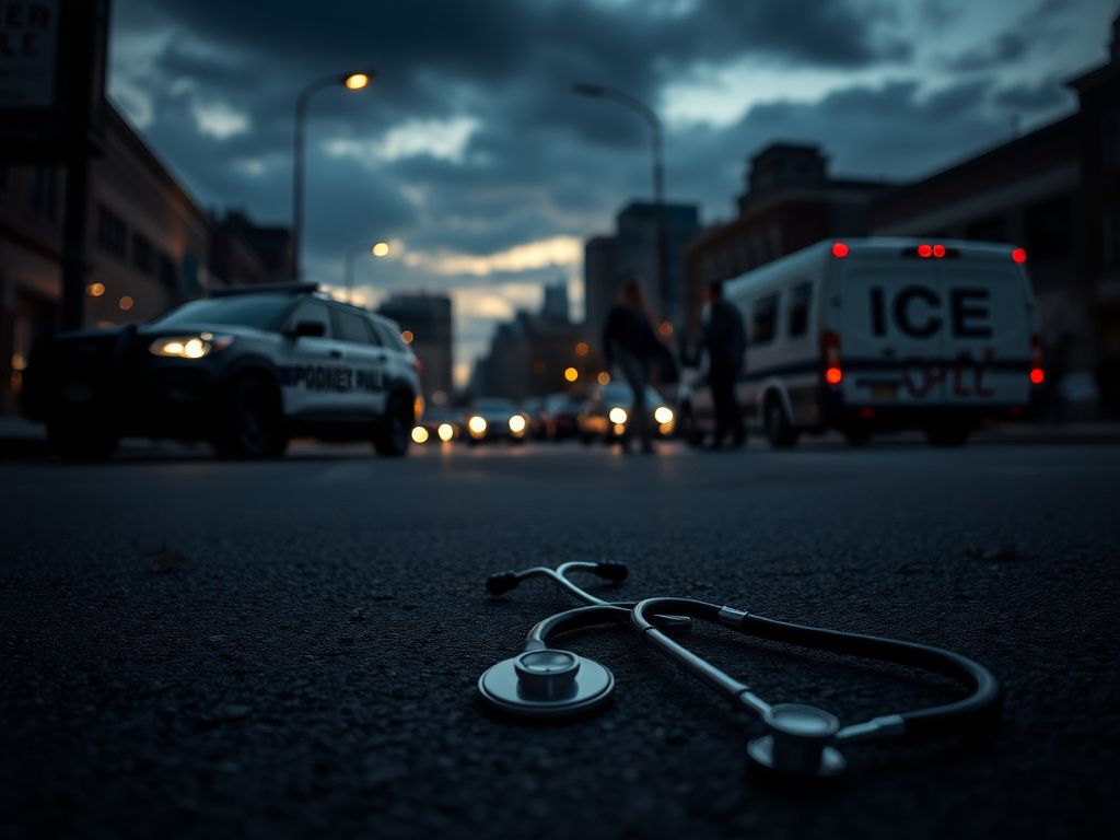 Flick International A somber Minneapolis street scene at dusk with an abandoned medical badge and stethoscope on the pavement.