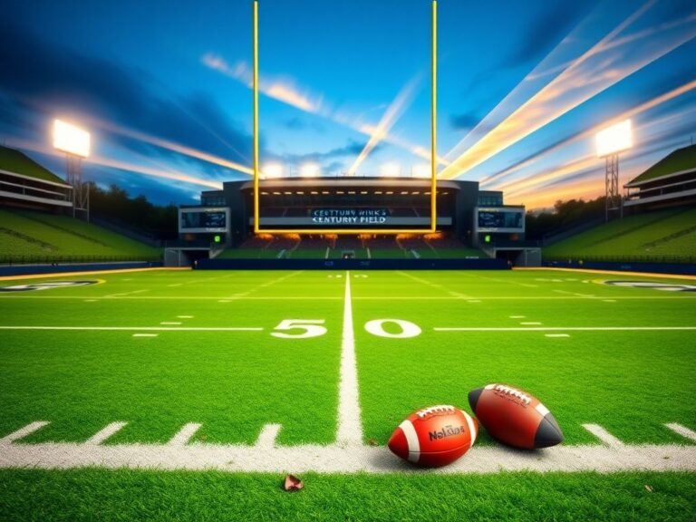 Flick International Seattle Seahawks football field at night, with CenturyLink Field illuminated and empty goalpost