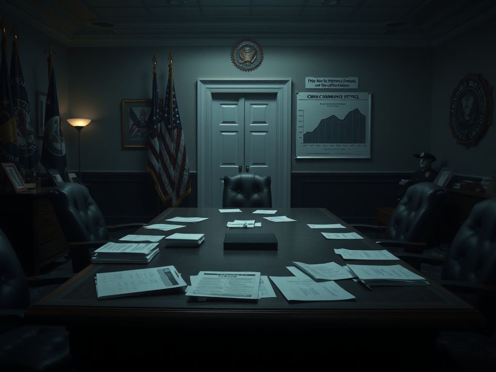 Flick International Dimly lit government office reflecting internal tension among federal immigration officials