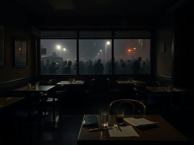 Flick International Tense interior of a dimly lit restaurant reflecting signs of chaos and unease.