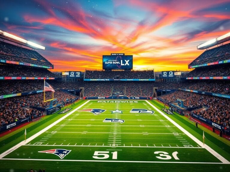 Flick International A vibrant football stadium filled with cheering fans under bright lights during Super Bowl LX.