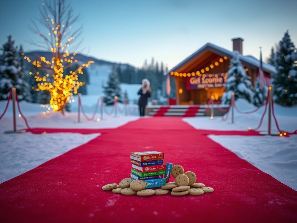 Flick International A wintery scene at Sundance featuring a red carpet and colorful Girl Scout cookies